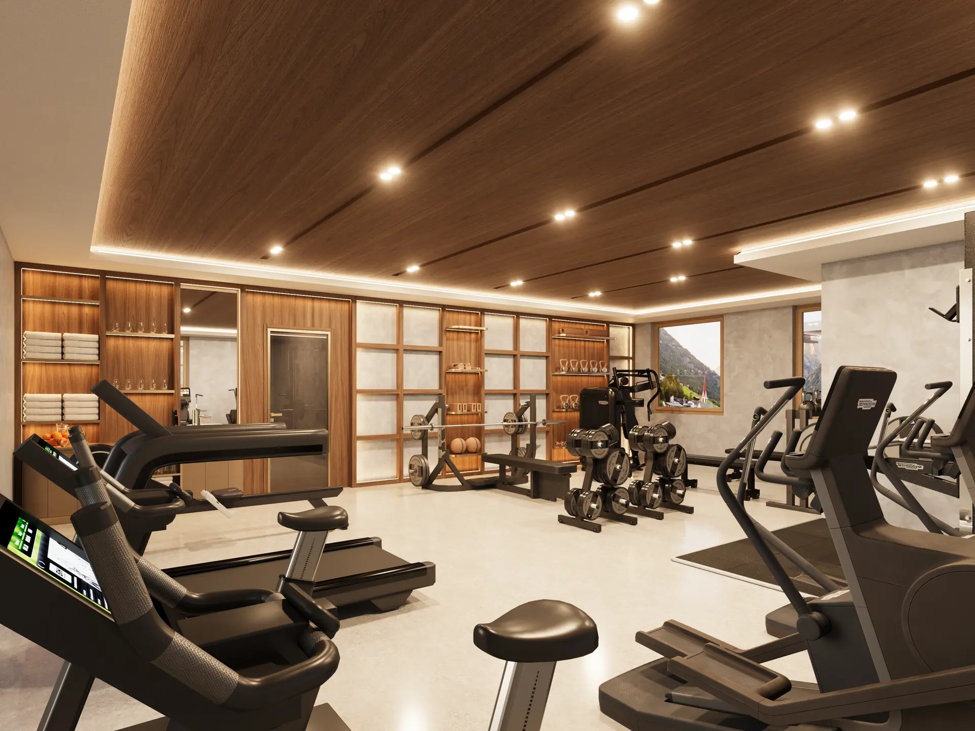 Modernes Fitnessstudio mit Holzdecke und Bergblick